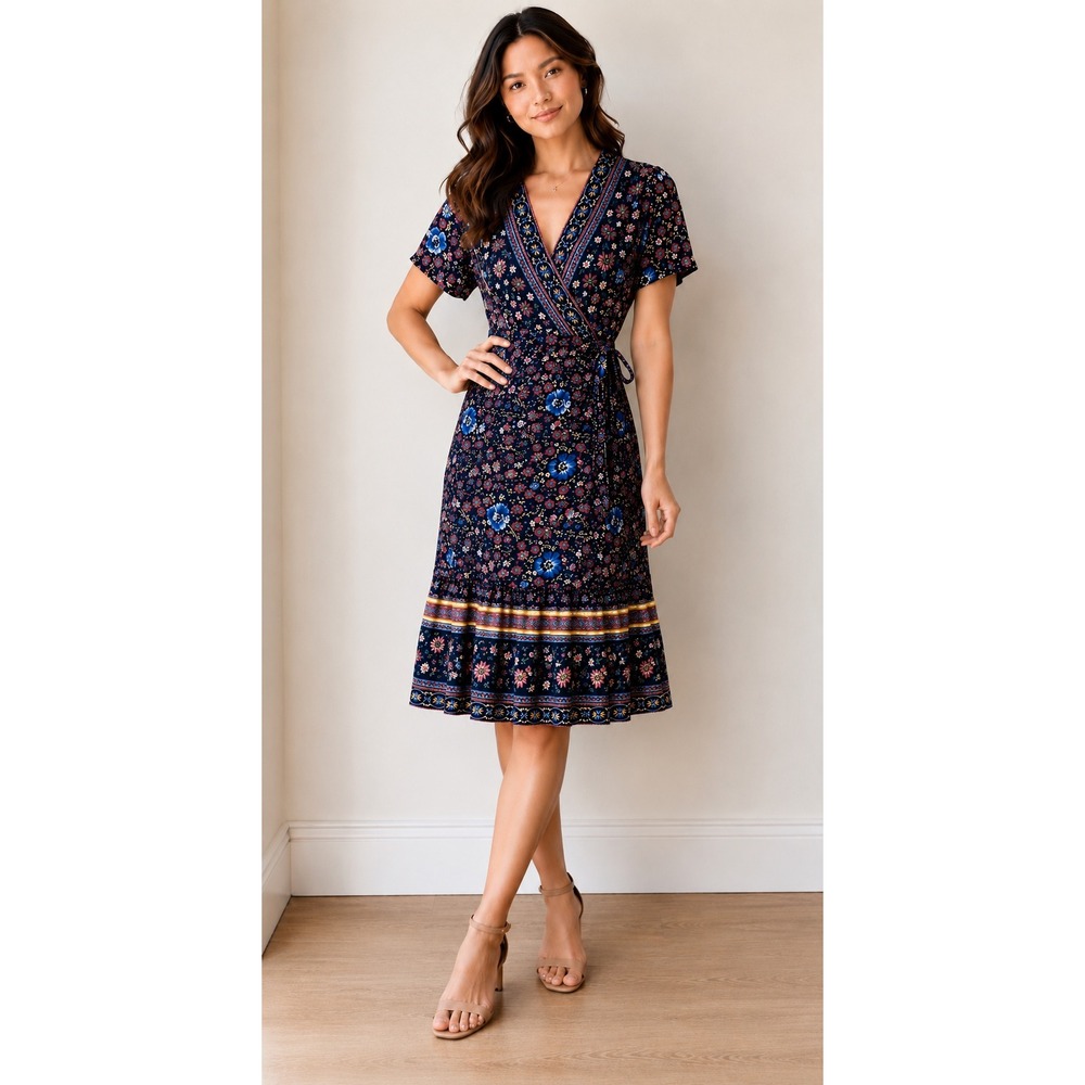 ZESICA Women Medium Navy Blue Floral Boho Wrap Dress Short Sleeve Ruffle Hem New
